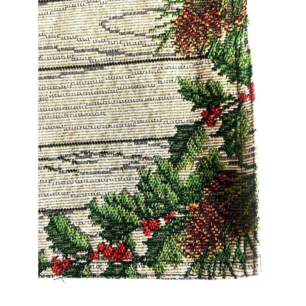 Christmas Holly Berries Table Runner Embroidered Tapestry Pinecone Rustic 13x72